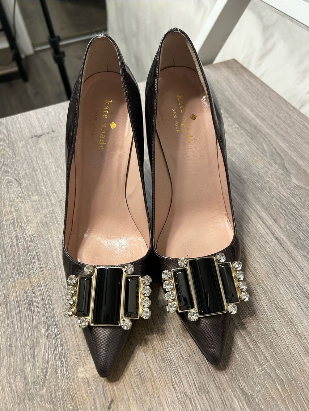 kate spade Black Pointed Toe Crystal-Buckle Pumps